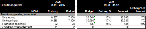 Tabel med et overblik over periodens resultater for Favrskov Forsyning i perioden 01.01.2025 til 28.02.2025
